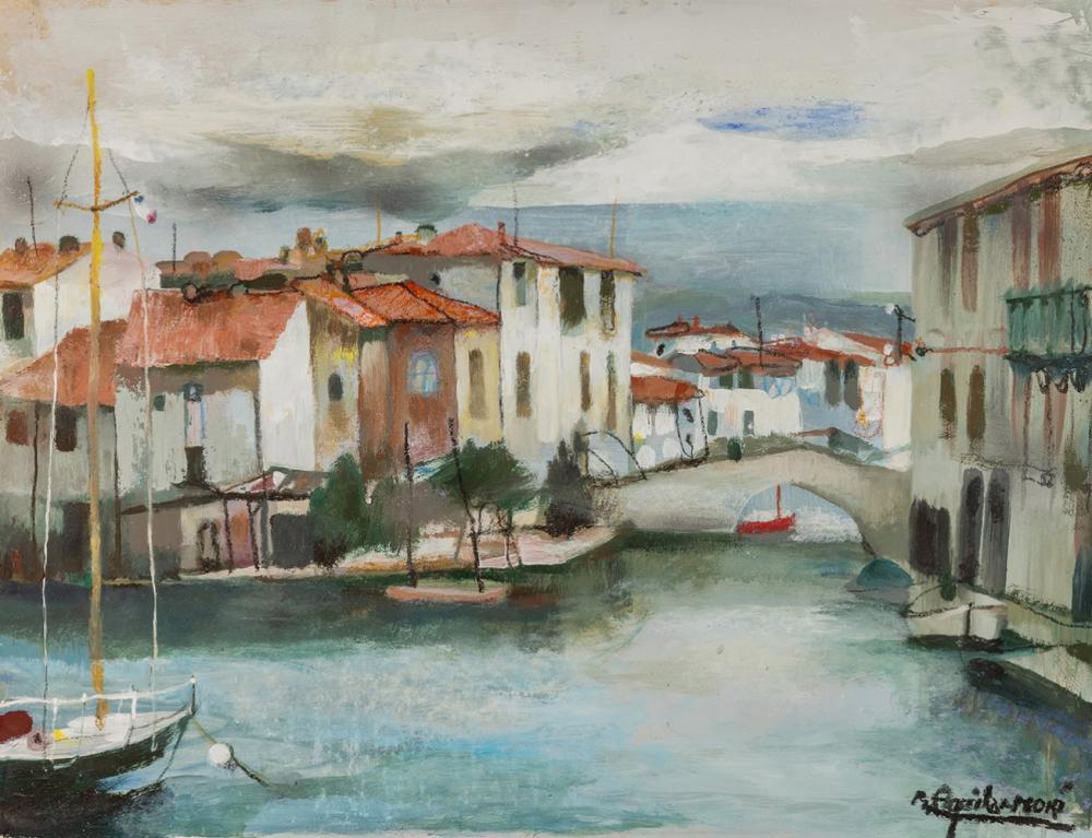 Ramón Aguilar Moré comparable auction result: ram n aguilar mor barcelona 1924 2015 urban landscape with a river oil on cardstock signed in the lower right corner