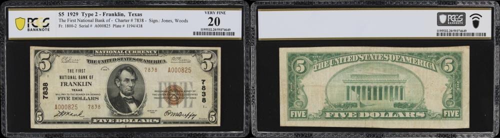 Franklin Whiting Rogers comparable auction result: franklin texas 5 1929 ty 2 fr 1800 2 first nb charter 7838 pcgs banknote very fine 20