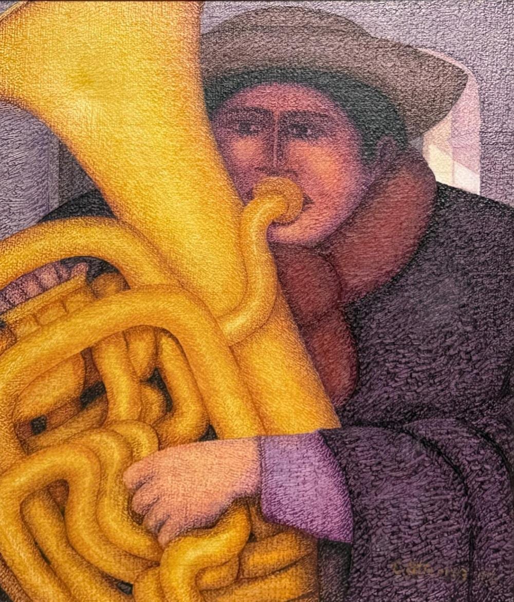 Ernesto Gutierrez comparable auction result: ernesto gutierrez peruvian b 1941 oil on jute the horn player