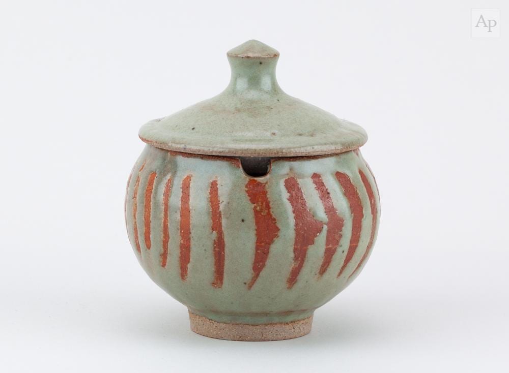 David Leach comparable auction result: david leach 1911 2005 for lowerdown pottery a stoneware preserve pot covered in pale green glaze with wax resist decoration impressed dl and pottery marks height 11 5cm