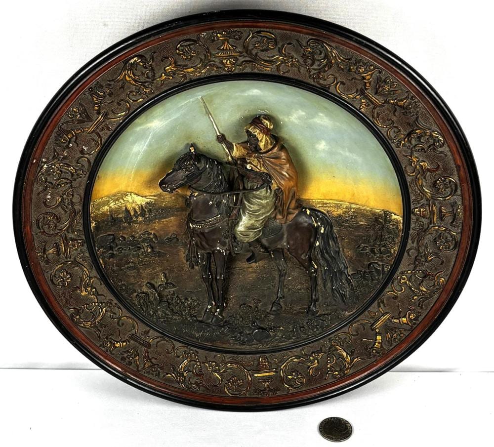 Johann Maresch comparable auction result: antique 1895 johann maresch 9529 arabian warrior large 19 terracotta pottery 3d relief cold painted wall charger