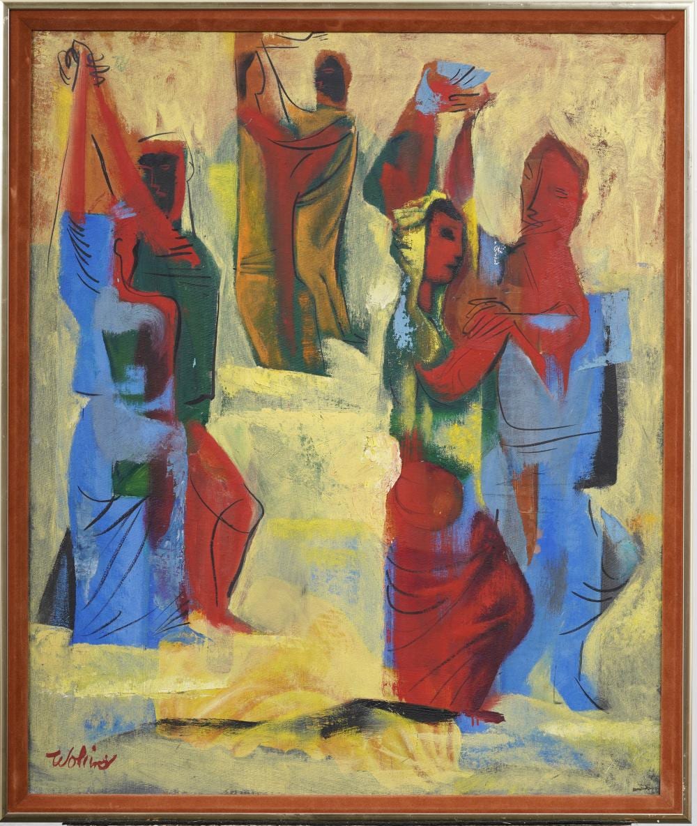 Joseph Wolins comparable auction result: joseph wolins 1915 1999 vintage american modernist figural scene solemn dance oil painting