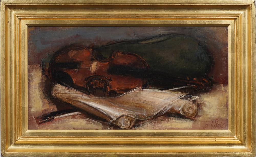 Jan De Ruth comparable auction result: jan de ruth 1922 1991 vintage american modernist violin still life impressionist oil painting