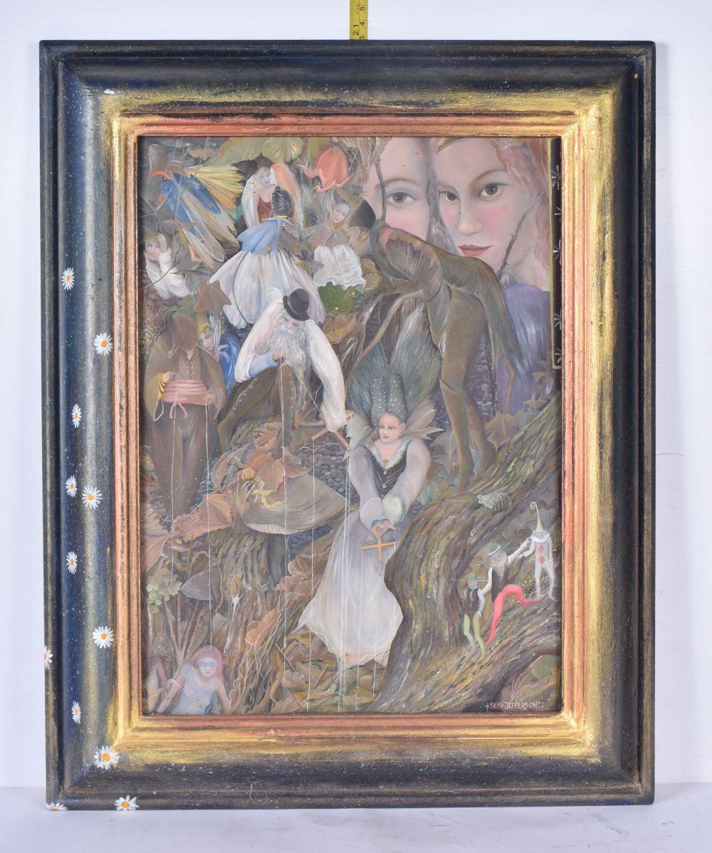 Sean Jefferson comparable auction result: sean jefferson 20th century a framed oil on board entitled the hidden watchers and the pullers of invisible strings 39cm x 28cm frame 53cm x 42cm