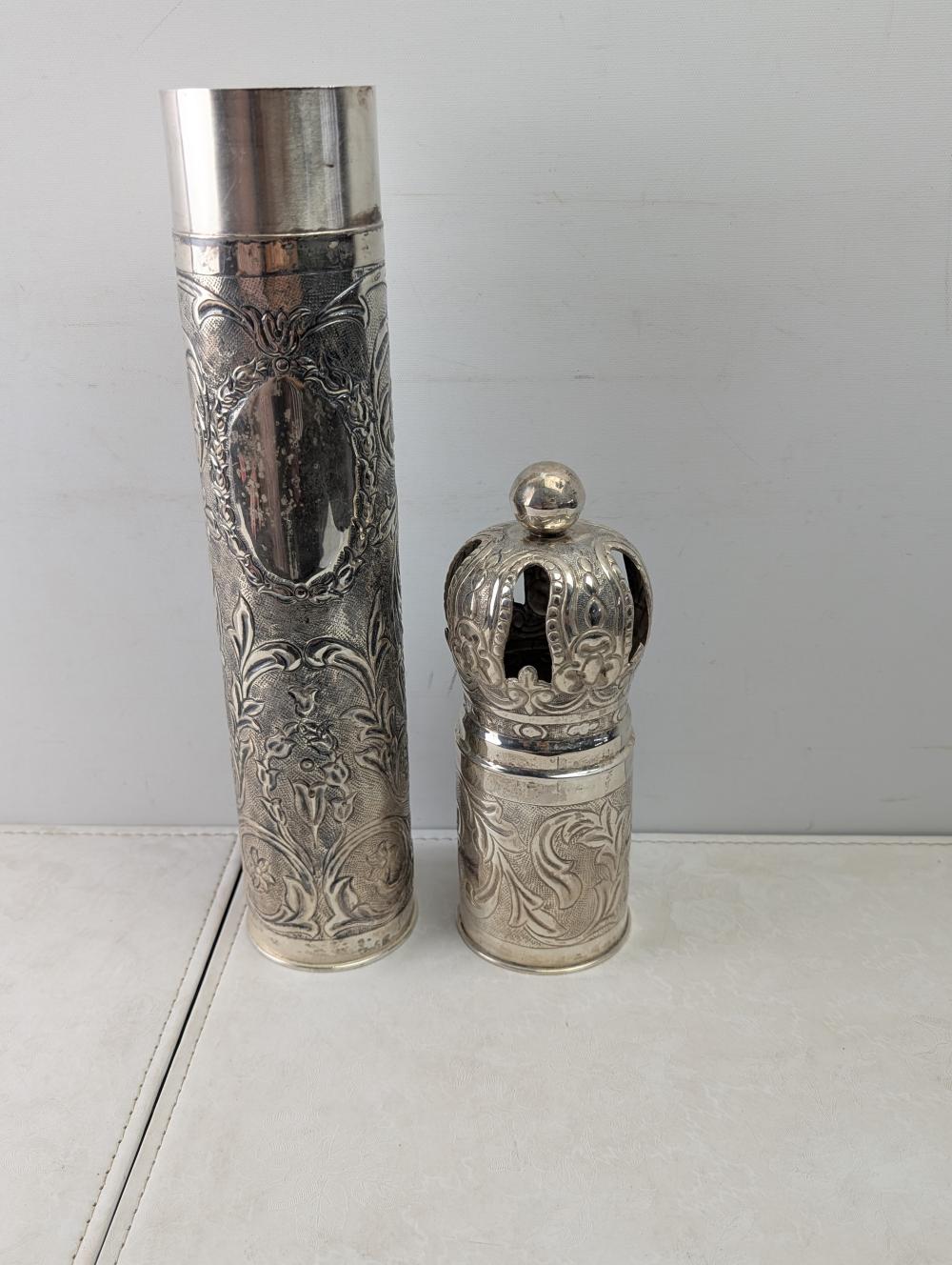 21.4 Oz. of STERLING SILVER!! Antique European Judaica Megillah Scroll Keeper w/ AMAZINGLY BEAUTIFUL Flower and Filigree Artwork & King David's Crown Cap - REALLY BEAUTIFUL PIECE!! sold by Richard L. Edwards Auctioneer, lot 18 — auction record photograph