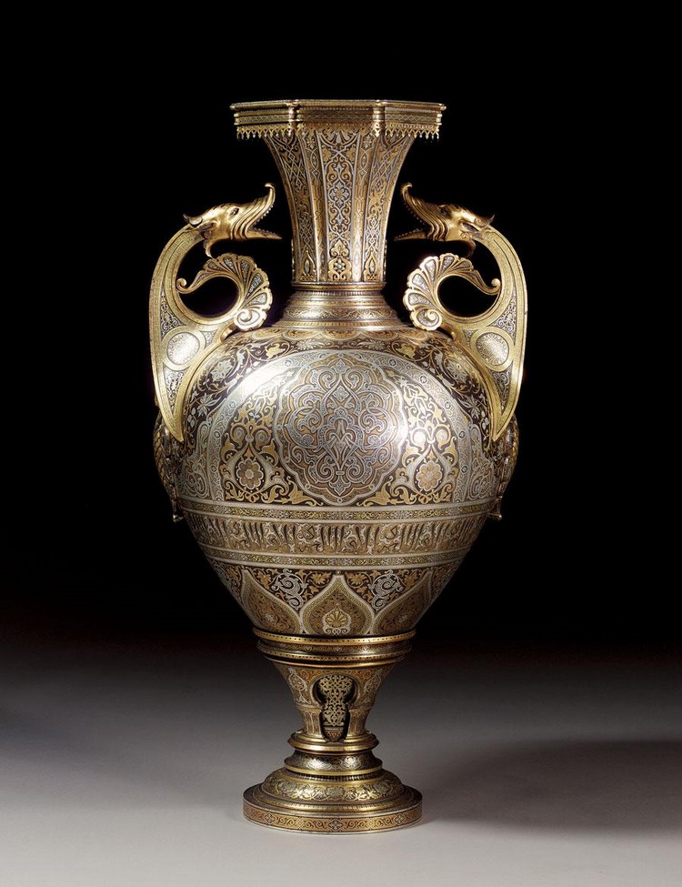 A MAGNIFICENT AND IMPORTANT GOLD AND SILVER DAMASCENED FORGED IRON VASE, SIGNED BY PLÁCIDO ZULOAGA, GUIPÚZCOA/EIBAR, SPAIN, DATED 1881 sold by Sotheby's, lot 120 — auction record photograph
