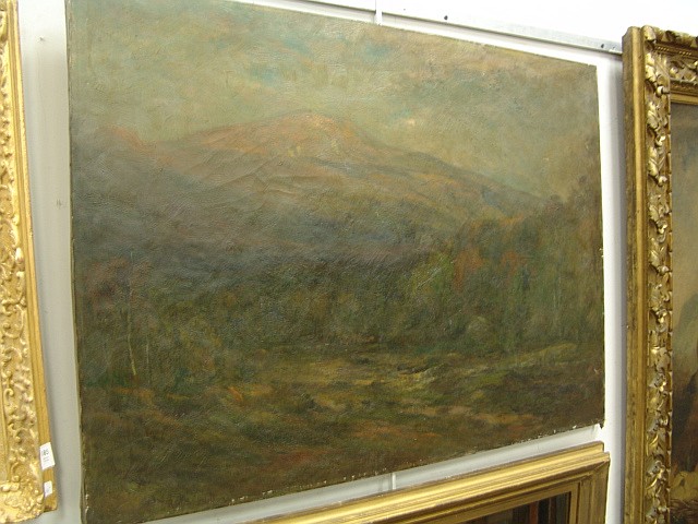 Oil on canvas landscape scene with mountain in distance, title on rear Evening Glow - Keene Valley, signed lower left R.M. Shurtleff, Roswell Morse Shurtleff (1838-1915) unframed, 30" x 40". sold by Nadeau's Auction Gallery, lot 186 — auction record photograph