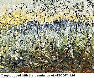 Abstract painting with leafy branches and tall sunlit yellow forms over a blue-green background.