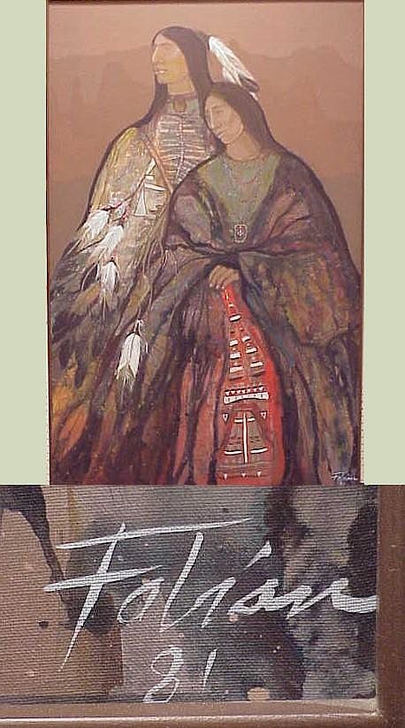 Rudolfo Fabian, acrylic on canvas, "Amantes Apaches II", signed LR, ss 66" h. x 42" w., Rudolfo Fabian was born in Guadalajara, Mexico and studied at the University Automana Number One of Guadalajara. He studied with Alberto Ruiz Vela and exhibited sold by Winter Associates, Inc., lot 151 — auction record photograph