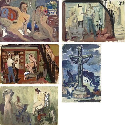 Aleksandr Evgen'evich Iakovlev comparable auction result: two conversing female nudes four scenes of artist and nude models in his studio and le crucifix en bretagne