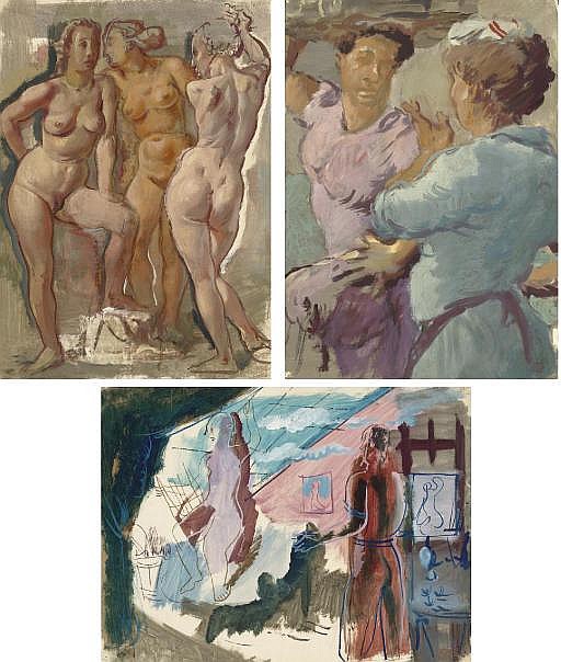 Aleksandr Evgen'evich Iakovlev comparable auction result: three standing female nudes two conversing figures and in the artist s studio