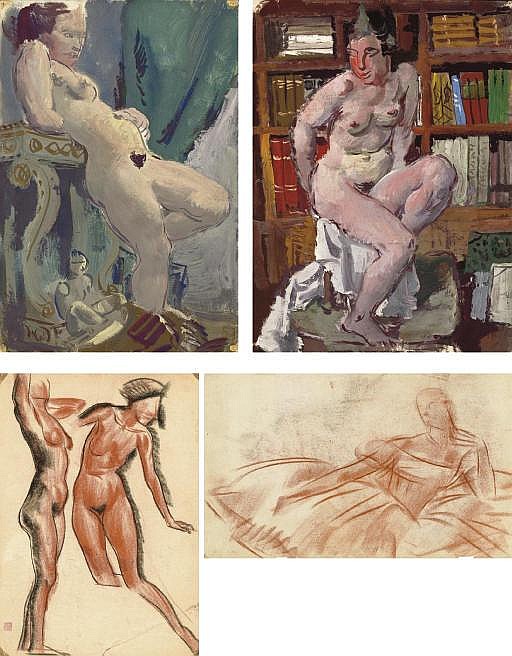 Aleksandr Evgen'evich Iakovlev comparable auction result: standing nude leaning on pedestal seated female nude in the library ballerina and two female nude studies