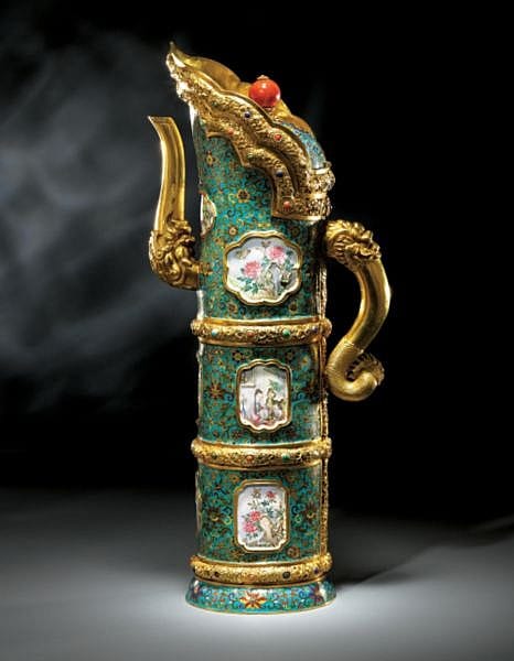 An Exceptionally Magnificent Gold, CLOISONNE AND BEIJING ENAMELLED TIBETAN-STYLED EWER, DUOMUHU ENGRAVED MARK AND PERIOD OF QIANLONG comparable sale