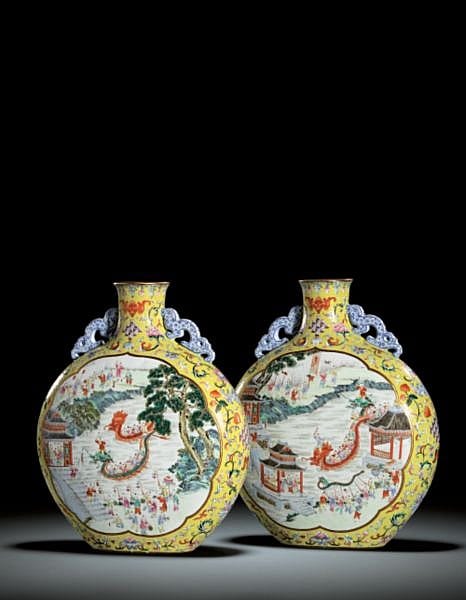 An Extremely Rare Pair Of 'FAMILLE-ROSE' 'DRAGON BOAT' MOONFLASKS SEAL MARKS AND PERIOD OF QIANLONG comparable sale