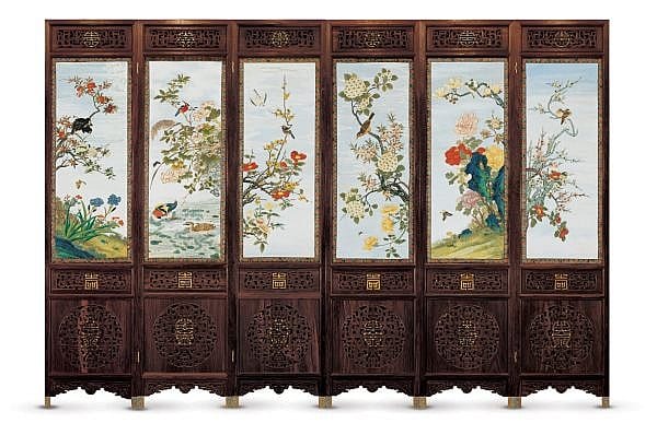 A Magnificent Six-Panel Soapstone-Inlaid Hongmu Screen Qing Dynasty, 18TH CENTURY comparable sale