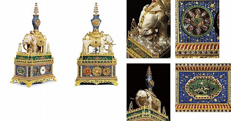 A Magnificent Imperial Chinese Ormolu, SILVER-PLATED, ENAMEL, PASTE-SET AND CARVED SOAPSTONE STRIKING, MUSICAL AND AUTOMATON 'ELEPHANT' CLOCK comparable sale