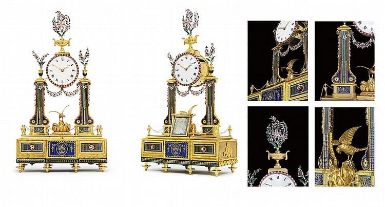 A Fine Swiss Ormolu, ENAMEL-MOUNTED AND PASTE-SET, STRIKING AND MUSICAL 'DRESSING TABLE' PORTICO CLOCK FOR THE CHINESE MARKET comparable sale