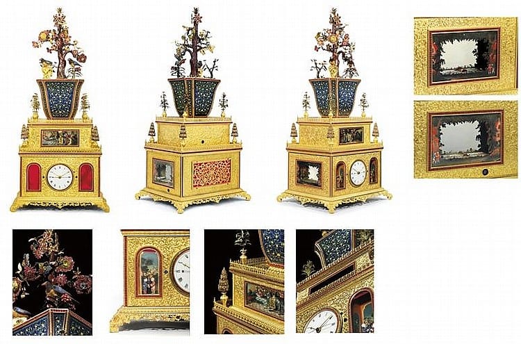 A Superb Imperial Chinese Ormolu, ENAMEL AND PASTE-SET QUARTER-STRIKING, MUSICAL AND AUTOMATON 'SINGING BIRD' CLOCK comparable sale
