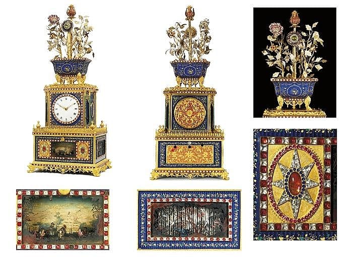 An Exceptional Imperial Chinese Ormolu, ENAMEL AND PASTE-SET STRIKING, MUSICAL AND AUTOMATON 'JARDINIERE' CLOCK comparable sale