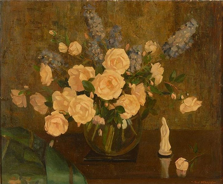 Clayton Leroy (Roy) Morse comparable auction result: c roy morse american 1913 floral still life with asian porcelain figure oil on canvas 25 x 30 framed
