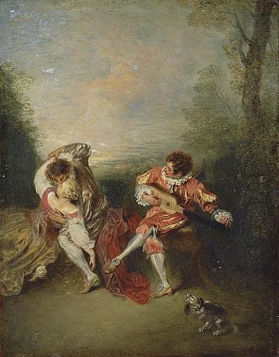 La Surprise : A couple embracing while a figure dressed as Mezzetin tunes a guitar comparable sale