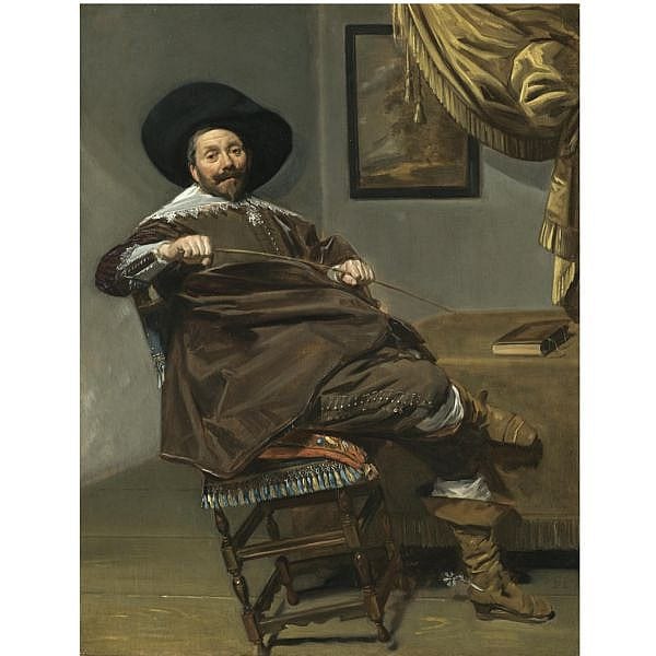 - Frans Hals , Antwerp 1581/5 - 1666 Haarlem Portrait of Willem van Heythuysen, seated on a chair and holding a hunting crop oil on oak panel comparable sale