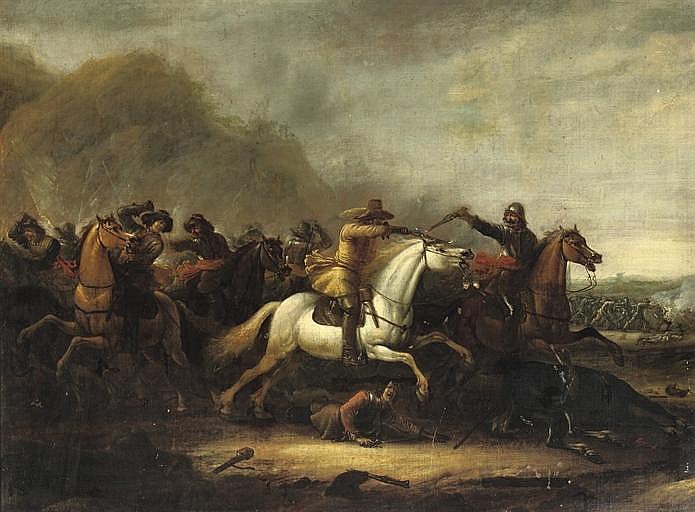 Abraham (1611/12)  "Van Der" Hoef comparable auction result: a cavalry skirmish in a mountainous landscape