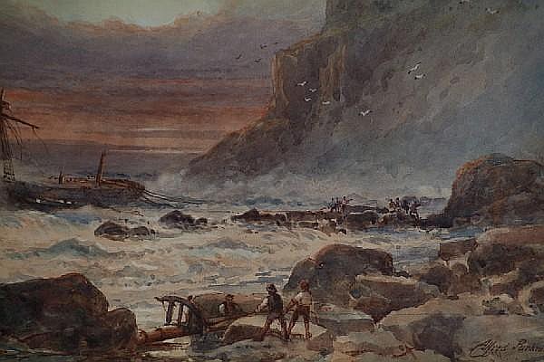 Alfred Edward Parkman comparable auction result: alfred edward parkman british 1852 1930 pwll du a coastal scene with figures pulling a ship to shore