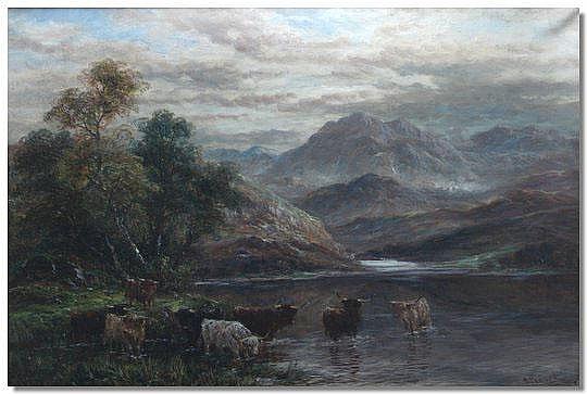 A. Lewis comparable auction result: a lewis highland cattle in a loch with mountains