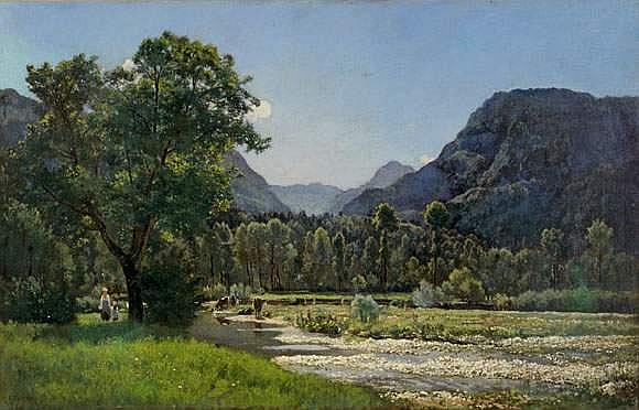 Charles-Félix-Edouard Deshayes comparable auction result: paysage de vall e anim e de promeneurs et de vaches
