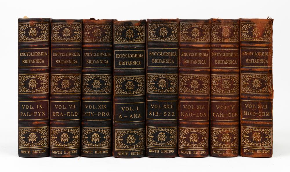 A set of antique Encyclopaedia Britannica: a Dictionary of Arts, Sciences, and General Literature, Ninth Edition, circa 1882 sold by Gibson's, lot 421 — auction record photograph