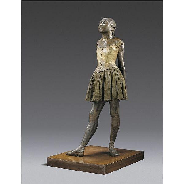 Edgar Degas , 1834-1917 PETITE DANSEUSE DE QUATORZE ANS bronze with muslin skirt and satin hair ribbon on wooden base comparable sale