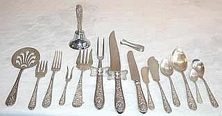 Auction comp thumbnail for Smalls Sterling Silver Flatware Service " Stieff.. Sterling silver flatware service in the "Corsage" pattern, 73 pieces including 12 dinner knives, 12 dinner forks, nine flat-handled butter spreaders, one master butter knife, 16 teaspoons, eight (Alderfer Auction, Lot 768)