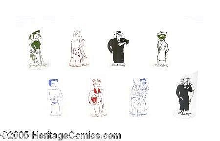 Memorabilia Dick Tracy Drinking Glass Group (circa 1940s) Condition: Average VG. Have a drink with the gang from Dick Tracy! These seven, frosted glass tumblers feature one-color portraits of Tracy cast members Dick Tracy, Shaky, Gravel Gertie, sold by Heritage Auctions, lot 16266 — auction record photograph