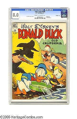 [ Comic ] " Four Color #328 Crowley Copy pedigree (Dell, 1951) CGC VF 8.0 Cream to off-white pages. Walt Disney's Donald Duck in ""Old California"", featuring a Carl Barks story and art. Overstreet 2005 VF 8.0 value = $210. CGC census 12/05: 2 in sold by Heritage Auctions, lot 17159 — auction record photograph