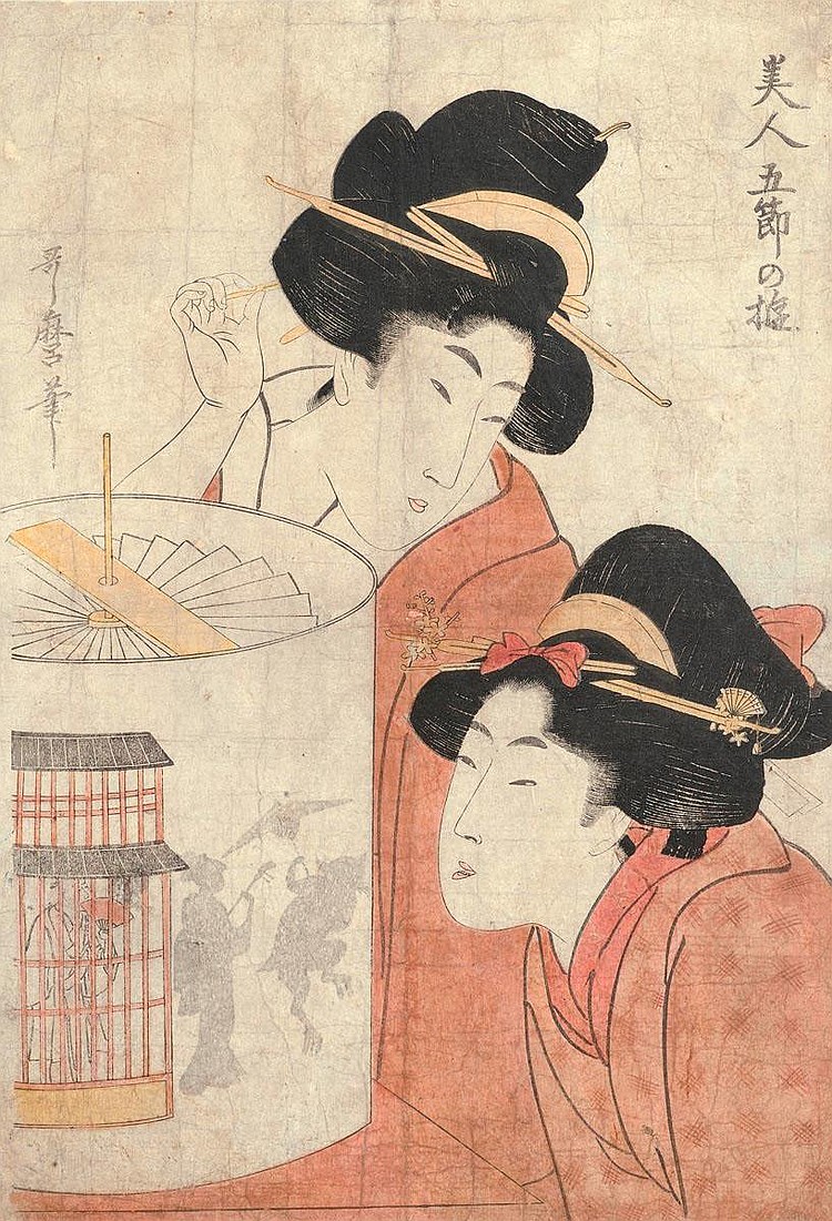 A COLOUR PRINT BY KITAGAWA UTAMARO (1750-1806). From the series 'Bijin gosetsu no asabi'. Two courtesans watching a magic lantern. sold by Koller Auctions, lot 2623 — auction record photograph