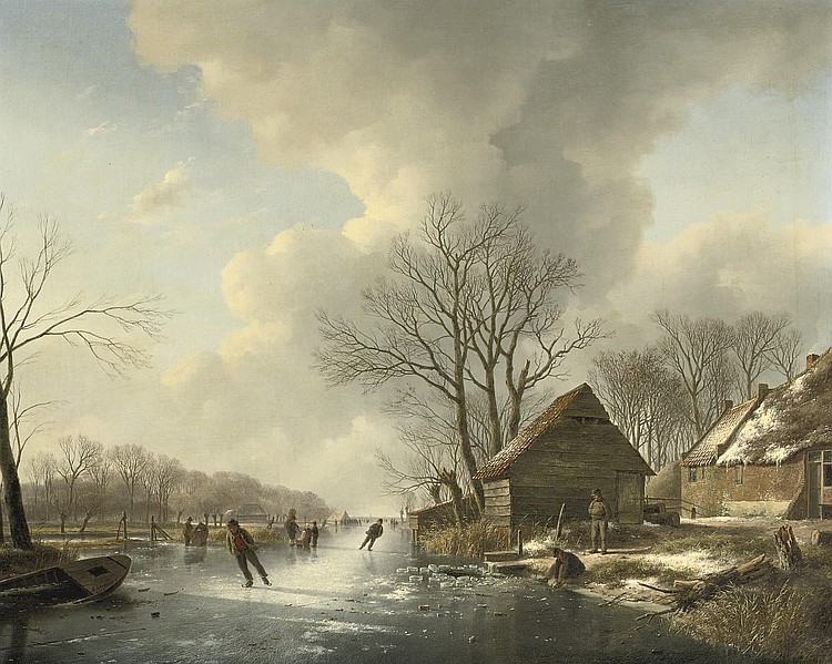 Rural winter landscape with leafless trees, a frozen river, small cottages, and figures walking along the shore.