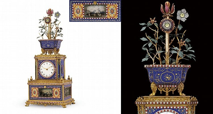 An Exceptional Imperial Chinese Ormolu, ENAMEL AND PASTE-SET STRIKING, MUSICAL AND AUTOMATON 'JARDINIERE' CLOCK comparable sale
