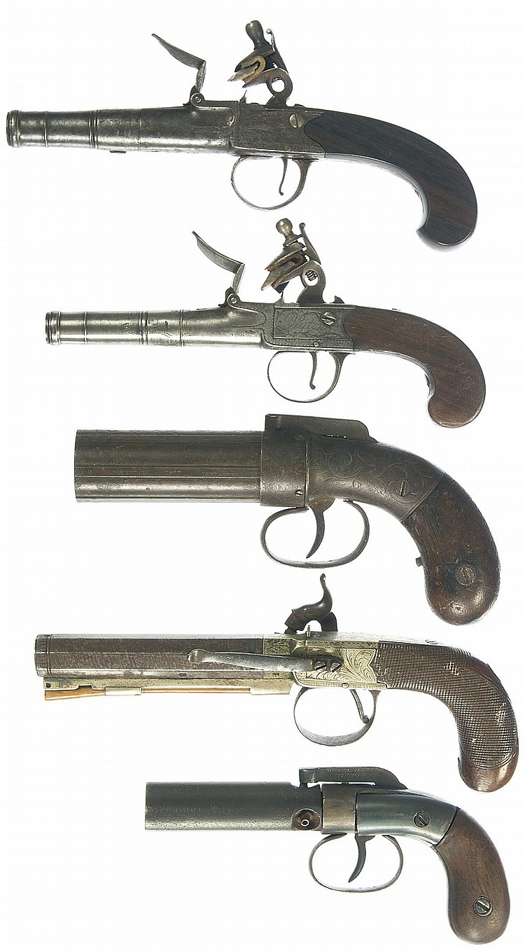 Auction comp thumbnail for Five Muzzle Loading Pistols -A) Engraved English Boxlock Flintlock Pistol B) Engraved English Boxlock Flintlock Pistol C) Allen & Thurber Pepperbox Percussion Revolver D) English Boxlock Percussion Pistol E) Engraved Manhattan Firearms (Rock Island Auction Company, Lot 2213)
