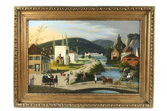 Oil on Tin Painting 19th C Landscape w/ Clock sold by Thomaston Place Auction Galleries, lot 145 — auction record photograph