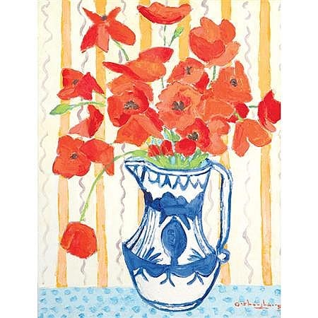 Michael O'Shaughnessy American, 20th Century Red Anemones in a Delft Pottery Pitcher sold by DOYLE Auctioneers & Appraisers, lot 118 — auction record photograph