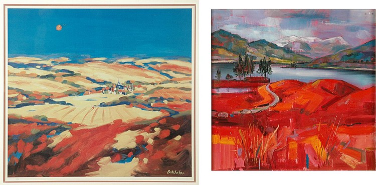 Two framed landscape paintings with fields and houses on the left, and a lake or harbor with bold red foreground on the right.