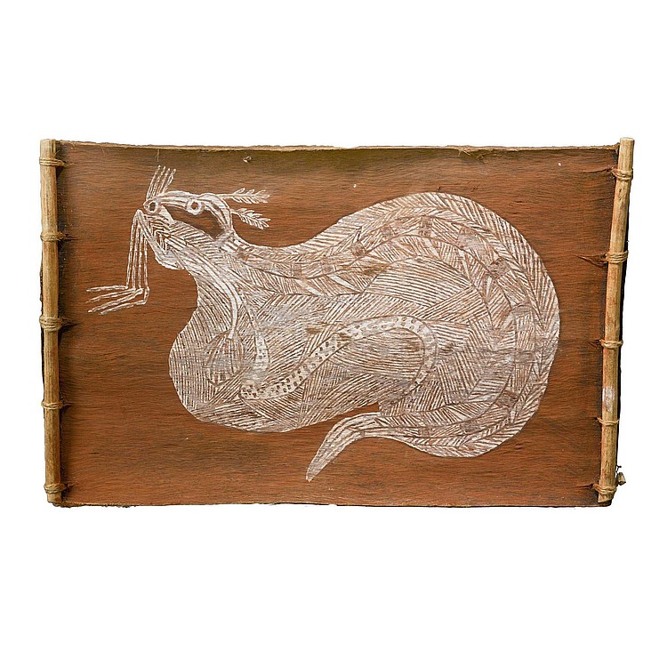 Bobby Barrdjaray Ngainjmirra comparable auction result: bobby barrdjaray ngainjmirra 1915 1992 mythical rainbow serpent samuel ganarradj manggudja circa 1909 1983 rainbow serpent