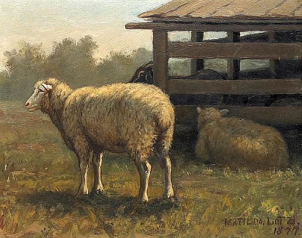 Painted barn scene showing two sheep standing in a grassy field near a wooden barn at dusk.