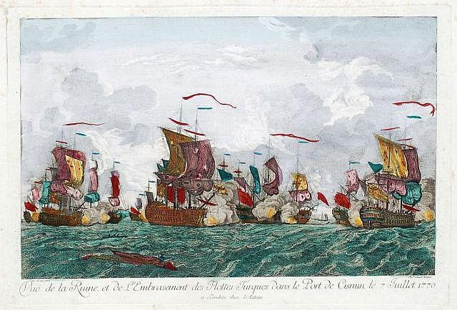 Balthasar Friedrich Leizel comparable auction result: balthasar friedrich leizelt leizel vue de la ruine et de l embrasement des flottes turques dans le port de cismin le 7 juillet 1770 um 1780