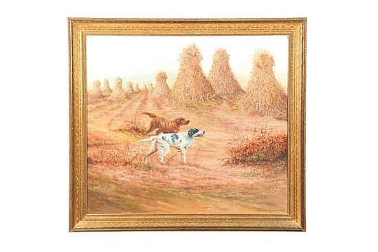 HUNTING DOGS IN A CORNFIELD BY SHERMAN LANDMAN (AMERICAN, MID 20TH CENTURY). sold by Garth's Auctioneers & Appraisers, lot 573 — auction record photograph