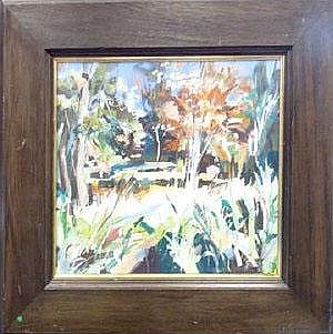 Framed painting showing a snowy woodland scene with trees and a light sky, with dabs of blue, white, green, and orange