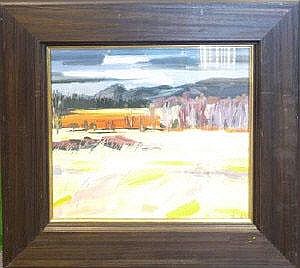 Framed landscape painting with a blue sky, distant hills, and tall golden grass along a field.