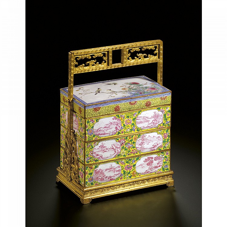 An Outstanding And Extremely Rare Three-Tiered BEIJING ENAMELLED BOX MARK AND PERIOD OF QIANLONG comparable sale