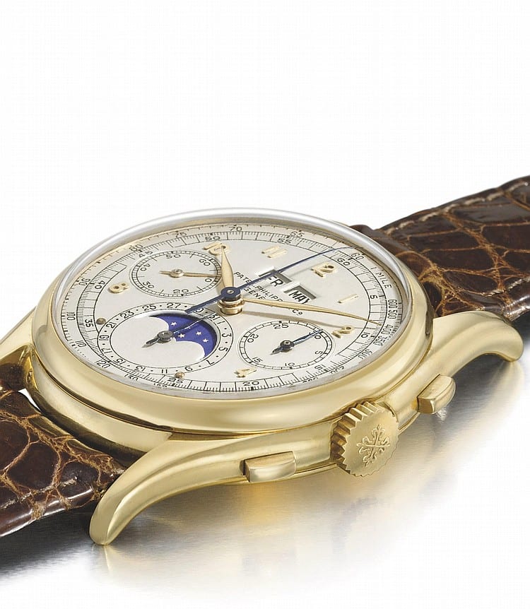 Patek Philippe. A unique and historically important 18K gold perpetual calendar chronograph wristwatch with moon phases and tonneau-shaped case comparable sale